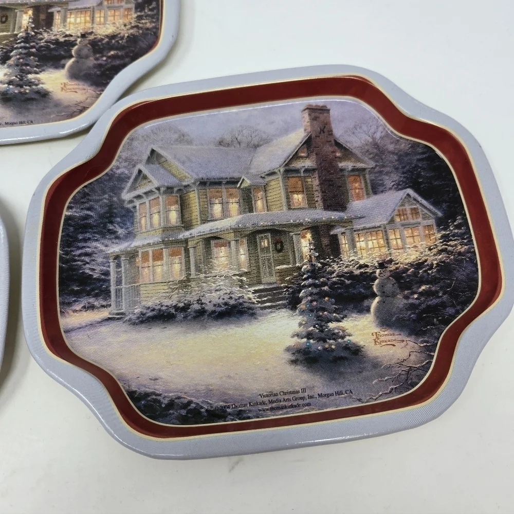 VINTAGE THOMAS KINKADE SMALL METAL TRAYS SET OF 3 VICTORIAN CHRISTMAS III 2004